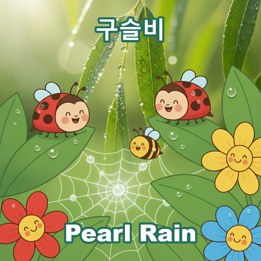 AI-generated illustration titled ‘Pearl Rain’, ladybugs and a bee on dew-covered leaves
