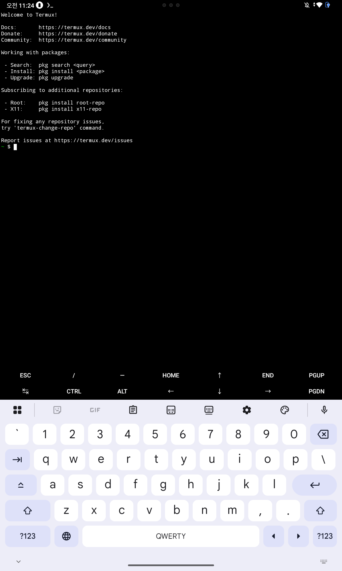 Termux running on the tablet — a real Linux command line